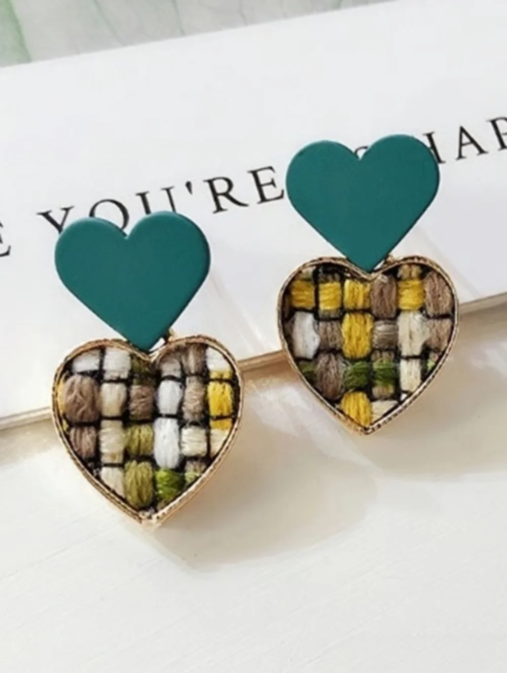 Tweed Knit Patterned Green Enamled Double Heart Stacked Earrings Fashion Jewelry